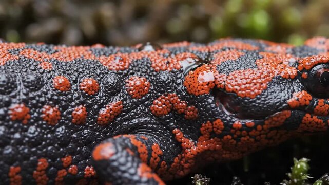 Close-up macro view of a black and orange spotted salamander's textured skin in a natural forest setting