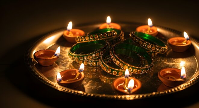 Green glass bangles and lit clay diyas on brass plate