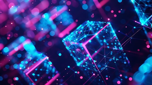 Crystal cube network concept, dark blue dramatic background, neon blue pink glowing transparent cubes connected, light trail connections, particle bokeh, blockchain cinematic render