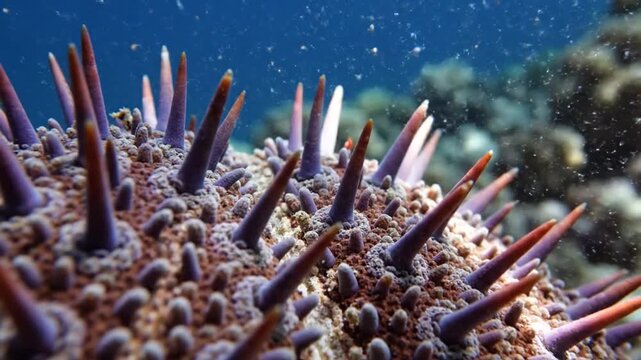 Close-up of a Thorny Crown-of-Thorns Starfish with Purple and Orange Spikes Underwater