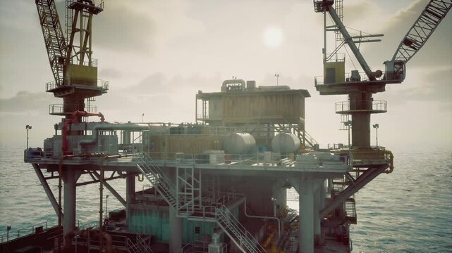 Offshore oil rig maintenance deck at dawn with cranes and equipment, deck walkways and staircases visible against calm sea. Quiet preparatory mood suggests