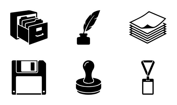 Vintage Office Supplies Icons, Retro Business Tools Set, Historical Document Management Symbols