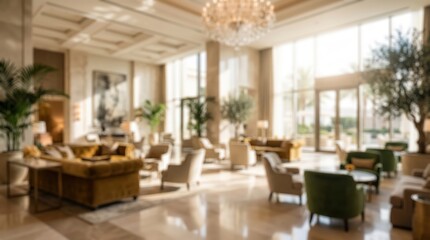 Fototapeta premium Blurred luxury hotel lobby lounge interior design elegant furniture hospitality architecture high ceiling natural light background