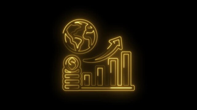 Glowing neon abstract financial growth chart with rising arrow stack of coins and earth globe icon