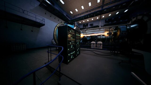 Factory automation control center under skylights and catwalks, server cabinets and wiring visible technical workspace, integrated systems and muted industrial