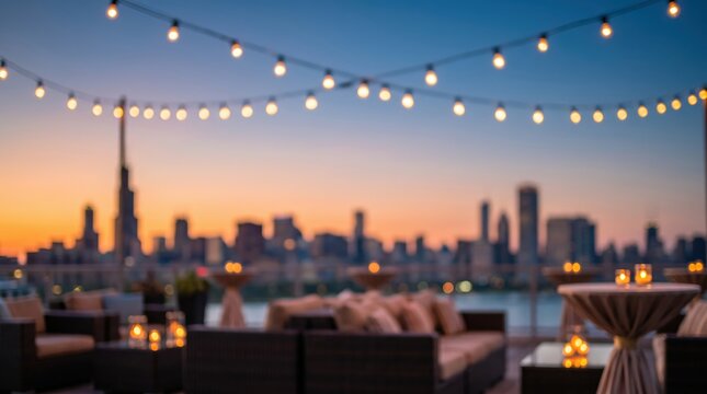 Blurred rooftop bar sunset city skyline bokeh background string lights terrace social event outdoor furniture evening hospitality lifestyle urban