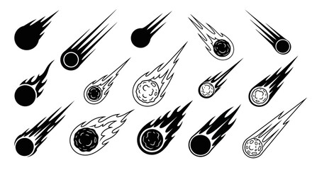 Flame comet icons, meteor graphics, 20 black and white speed streaks, astronomy symbols © Dylan