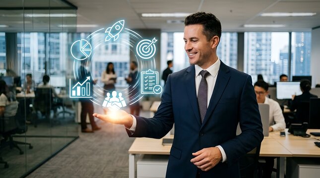 Smiling businesswoman in suit interacting with digital tablet displaying holographic green graph showing 250 percent growth with four-leaf clover hovering above in modern office hallway with glass wal