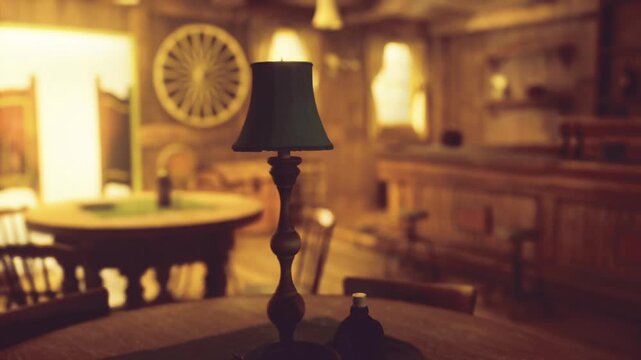 Western saloon set with central lamp and wagon wheel, staged scene recalls film production or themed venue, dust motes float in golden beams adding nostalgic