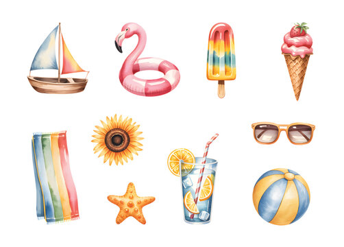 Watercolor kids summer beach collection with flamingo float and vacation accessories.
