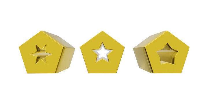 3d render of three golden pentagonal prisms with starshaped cutouts, representing geometric shapes and abstract design elements isolated on transparent background
