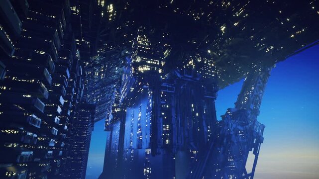 Shining metallic tower at dusk. Illuminated spire with drones scanning panels. Reflective surfaces under ambient haze with hovering exploration drone
