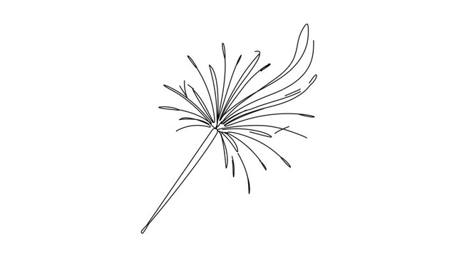 Elegant sparkler illustration with fine curved black lines, abstract firework plume and slim handle, minimalist vector icon for festive celebrations, holidays, birthdays, parties, and night events