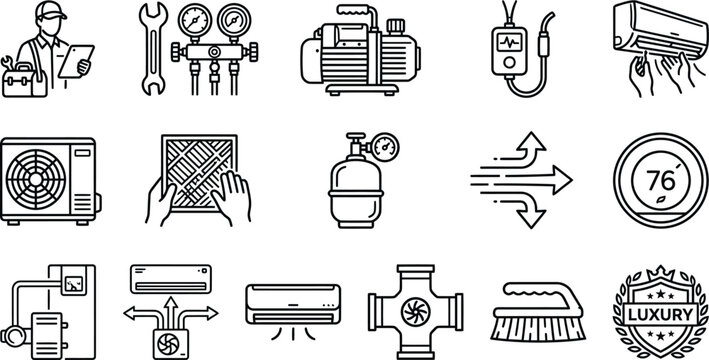 Silhouette of various hvac tools and equipment isolated on transparent background