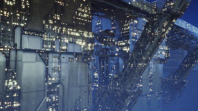 Massive facade grid under cool light showcasing dense window arrays and structural struts, textured metal surfaces and tiny illuminated interiors hinting