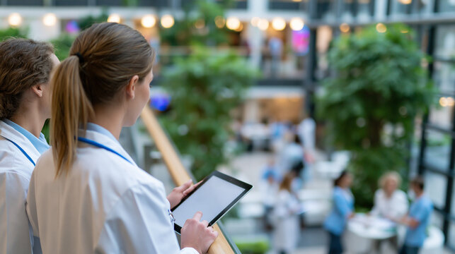 Faceless two female doctors using a tablet on a balcony overlooking a modern hospital lobby with large indoor plants, diverse patients and staff interacting below, defocused lobby