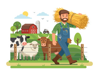 Fototapeta premium A farmer carries hay near a fence with cows in a rural landscape