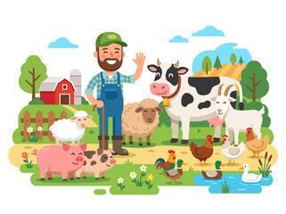Naklejka premium Farmer waves goodbye in a vibrant farm scene with animals.