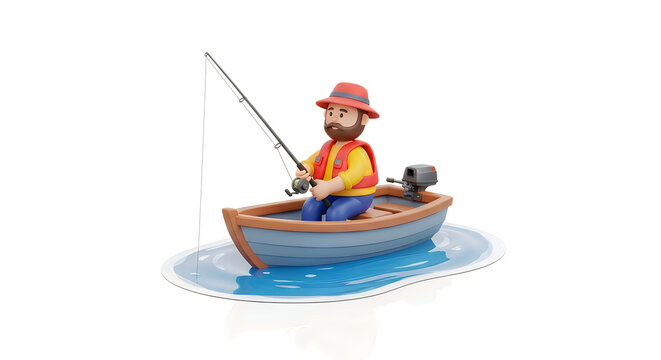 Cartoon fisherman character sitting in a small blue boat holding a fishing rod on water