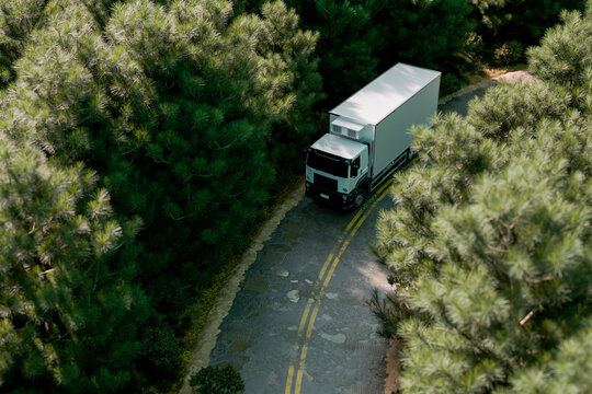 3D aerial freight truck crossing dense pine forest road