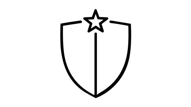 Clean patriotic shield with star crest and center stripe, minimalist black outline vector icon for American liberty, honor, civic protection, government emblem, secure badge design