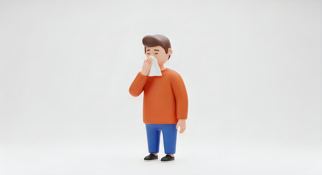 3d cartoon man sneezing into a tissue