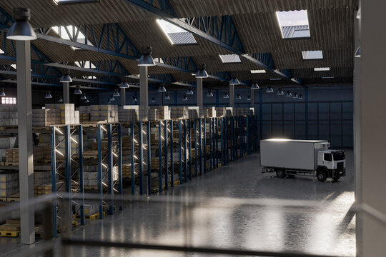 3D warehouse storage aisle with cargo truck loading