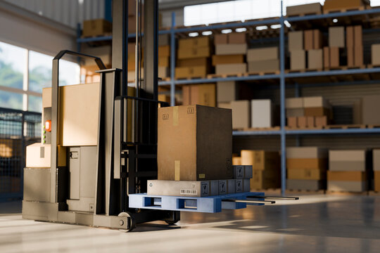 3D forklift pallet delivery inside logistics warehouse