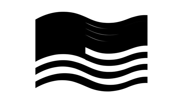 Minimalist waving United States flag vector icon in bold black lines, patriotic American symbol with flowing stripes for Independence Day, civic graphics, national pride, and clean editorial design