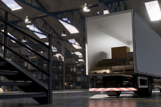3D cargo truck dock loading inside warehouse bay