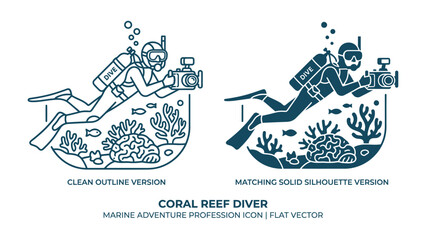 Coral Reef Diver Icon: A marine adventure professional icon featuring a diver exploring a vibrant coral reef with underwater camera, presented in both clean outline and solid silhouette versions. © Mohammad