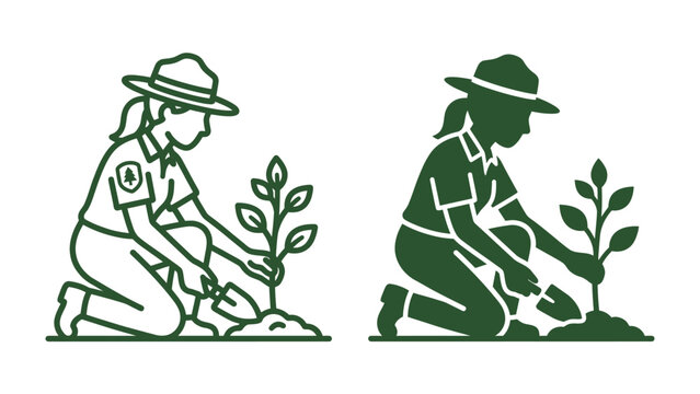 Park Ranger Planting Seedling: A park ranger in uniform, depicted in both a line art and silhouette style, kneels to plant a young seedling in the earth.