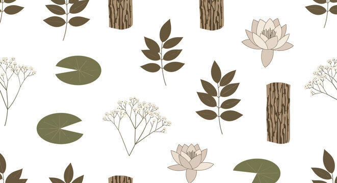 Illustrated water lily leaves and tree trunks pattern.
