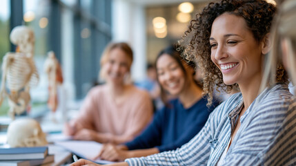 Obraz premium Faceless instructor and students chatting cheerfully in a bright modern classroom with anatomy models nearby soft daylight and clean interior medical education teaching