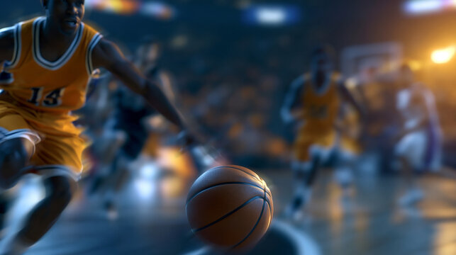 Faceless basketball championship action on live TV, yellow team defense player stealing the ball from an opponent and passing through defense while a Black basketballer scores a