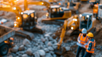 Fototapeta premium Aerial drone shot of a construction site on a sunny evening, industrial excavators digging rocks and loading them into a truck, engineer and architect observing the process and