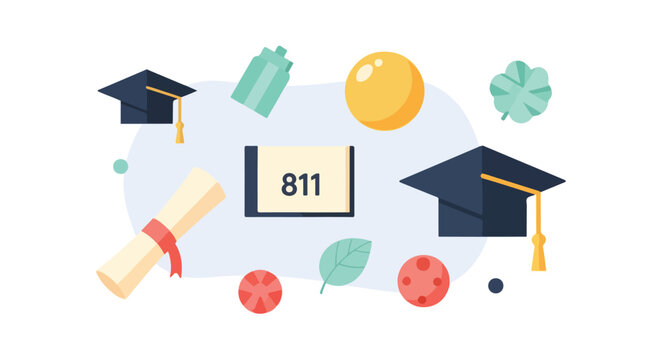 This flat vector illustration features graduation caps, a diploma, and various icons representing education and health on a light blue background.