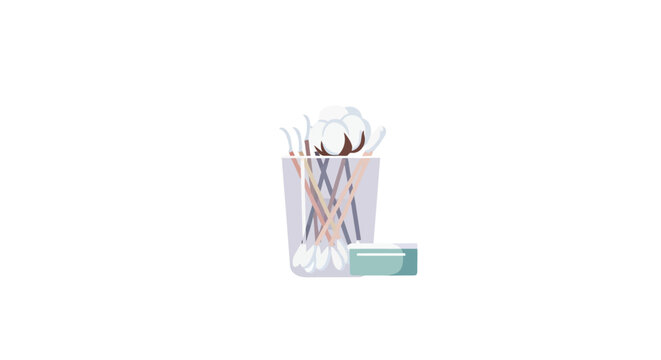 Minimalist flat vector illustration of cotton swabs with white tips and wooden sticks in a transparent jar next to a small green cosmetic box, isolated on a white background.