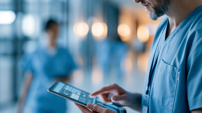 Faceless portrait of a young male surgeon inspecting patient treatment options on a tablet computer screen before a surgery, diverse healthcare worker walking in a hospital