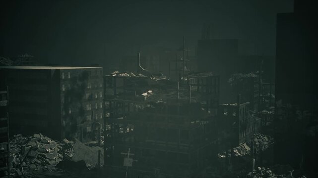Shadowed blocks punctuated by distant light, dark massing of ruined structures and faint points of illumination, still air and ashcoated surfaces, heavy