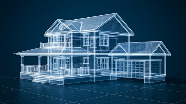 Blueprint of a Dream Home: A detailed blueprint showcases a modern two-story house with a wraparound porch and attached garage, presented in a clean, futuristic blue wireframe design.
