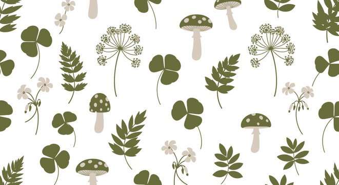 Whimsical botanical pattern with mushrooms and leaves.