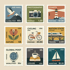 A collection of vintage postage stamps featuring various travel themes © jeni