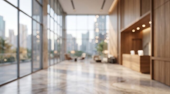 Modern blurred hotel lobby reception office interior luxury architecture city view marble floor background