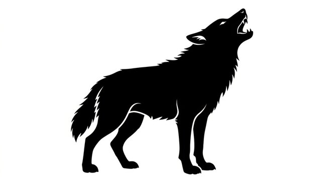 Black silhouette wolf howling isolated on white background