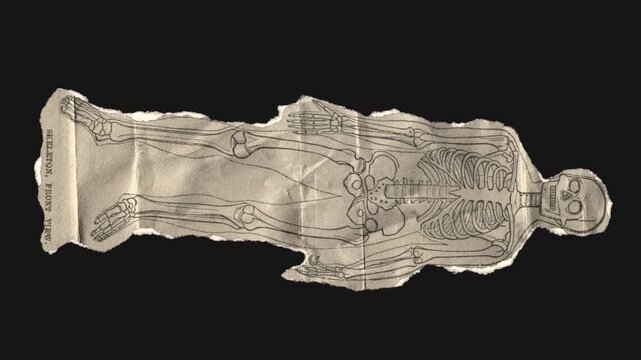 A drag and drop vintage anatomical themed illustration that animates into place from torn paper.
