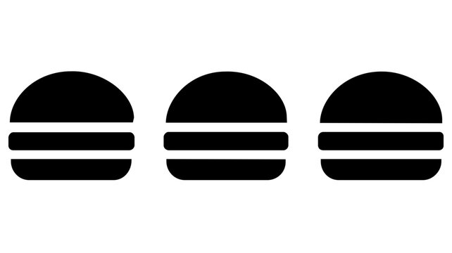 Three black hamburger vector icons in a clean row, bold flat fast food silhouettes for BBQ picnic dining sets, cookout invitations, restaurant menus, party labels, and scalable illustration design
