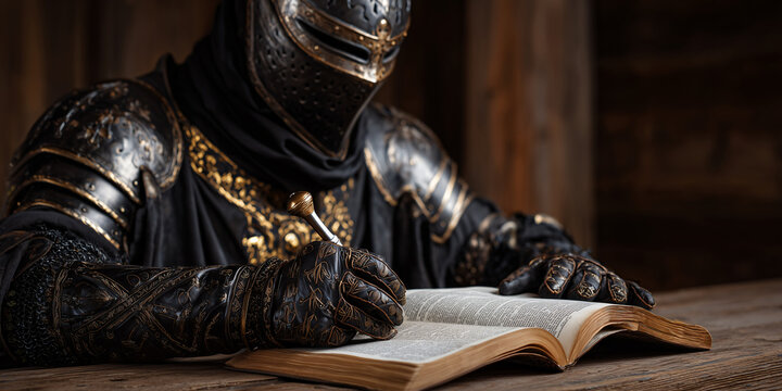 Armored knight writing historical chronicles in old book