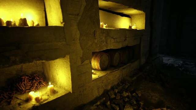 Candlelit monastic alcove with wooden casks and dried herbs, stonework shelves, quiet ritual atmosphere, aged staves and wax drippings suggesting centuries