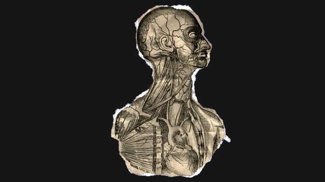 A drag and drop vintage anatomical themed illustration that animates into place from torn paper.
